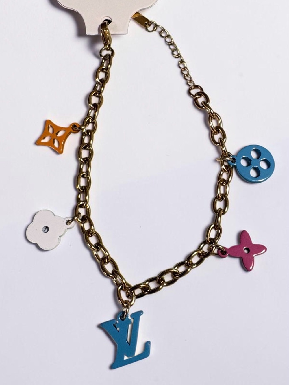 NEW Gold-Tone Bracelet with Multicolor Charms - Blue, Pink, Orange, White